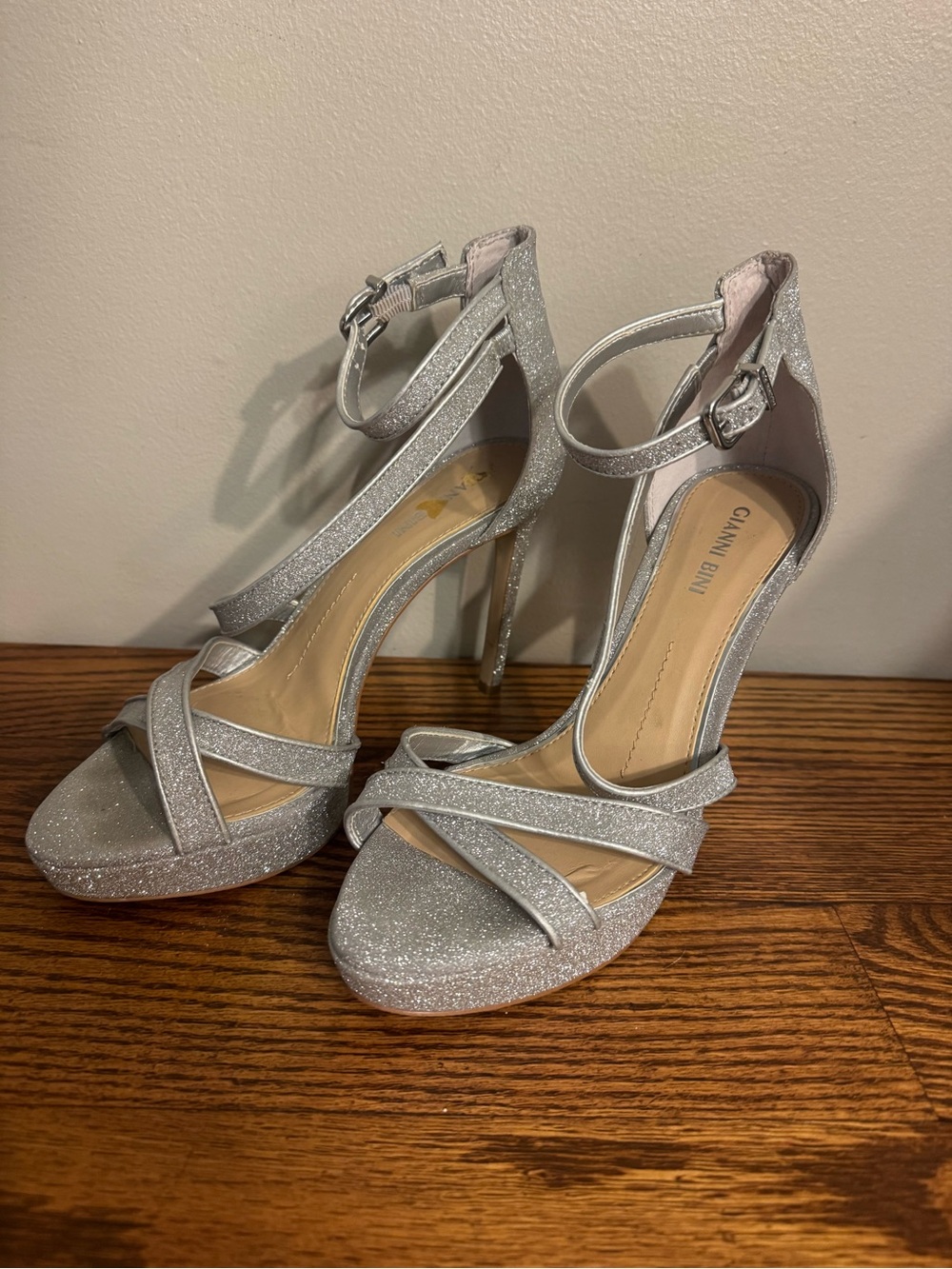 Gianni Bini Silver Glitter Ankle-Strap Platform Stiletto High Heels - 8